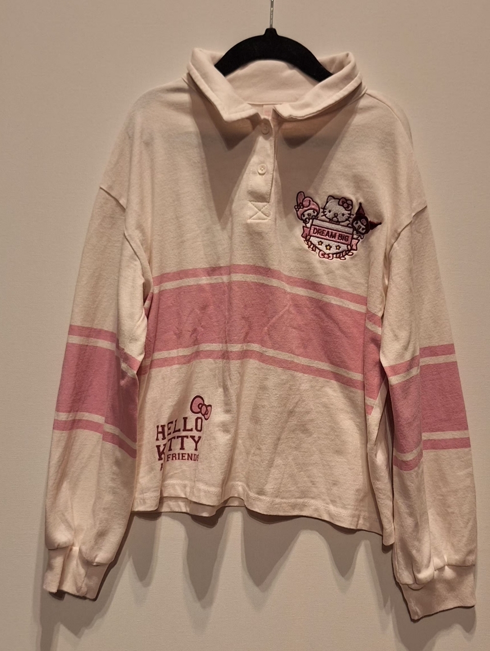 Hello Kitty & Friends Cropped Polo Top Pink White Striped Y2K Kawaii Size L 10